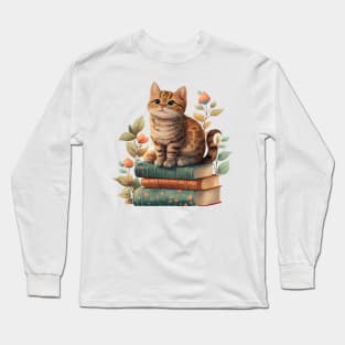 Cute Cottagecore Cat on Books Long Sleeve T-Shirt